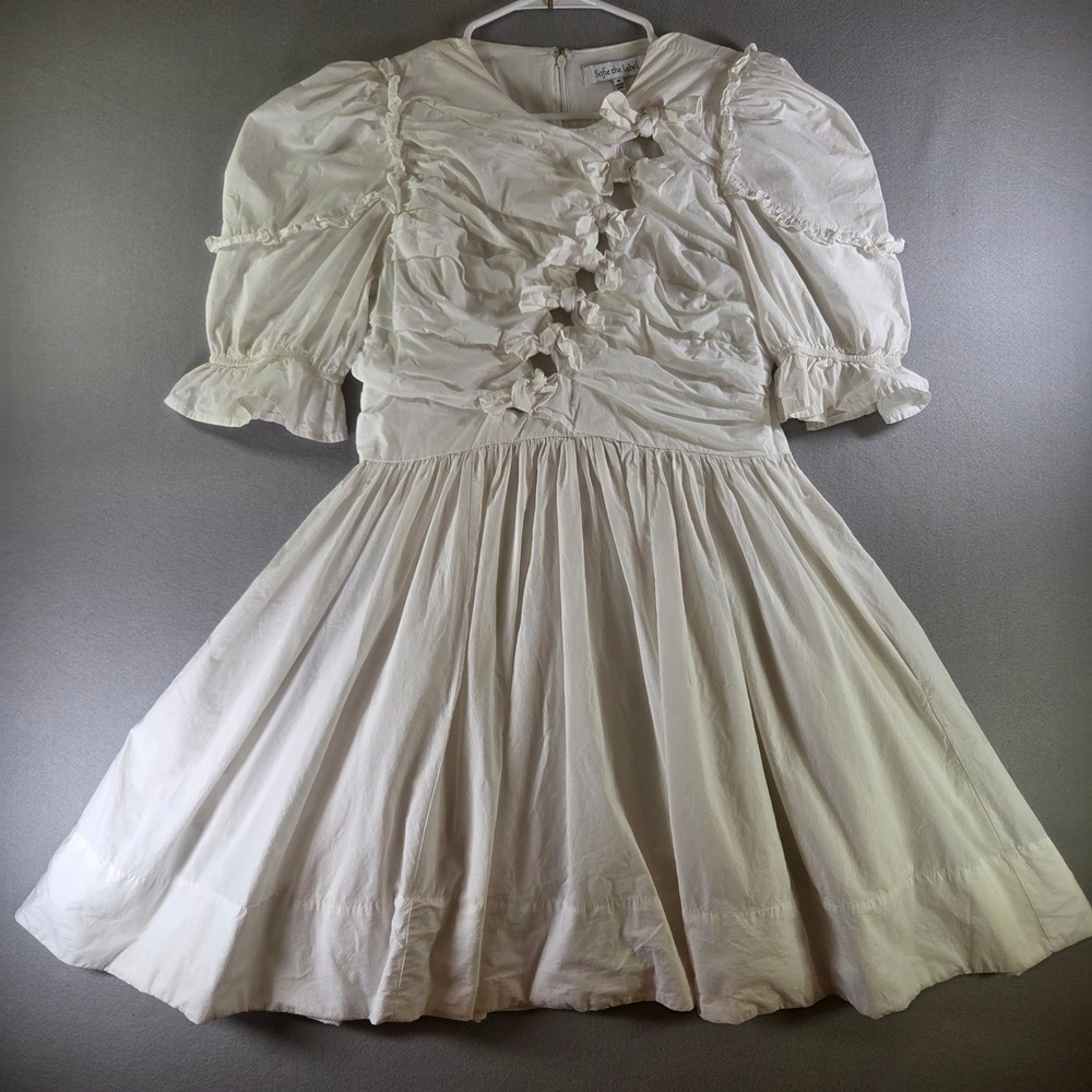 Sofie the Label White Cotton Puff Sleeve Bow Cutout Mini Dress Womens M Coquette